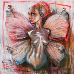 A fairy girl is pinned to a display board like a butterfly in this painting by herakut