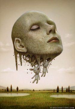 A floating head melts into bunny rabbits in this surrealist painting by Naoto Hattori