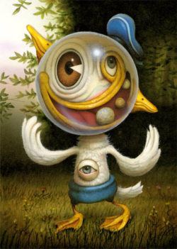 A funny surrealist painting by Naoto hattori in which Donald Duck egst a makeover