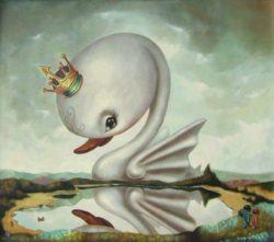 A giant baby swan wearing a crown watches the viewer with a beautiful eye in this pop surrealism painting by Yosuke Ueno