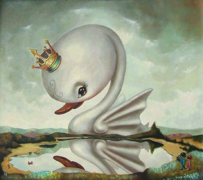 A giant baby swan wearing a crown watches the viewer with a beautiful eye in this pop surrealism painting by Yosuke Ueno
