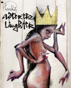 A girl with a golden crown poses as a puppet with many arms in this graffiti painting by Herakut