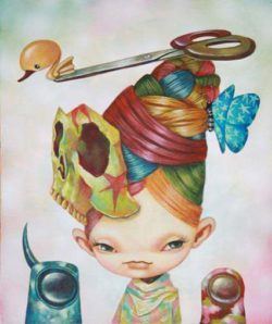 A girl with rainbow hair wears a skull and scissors in this pop surrealism painting by Yosuke Ueno