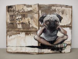 A kid with a pug dog head says they stole his shoes and ate his homework in this painting by Herakut