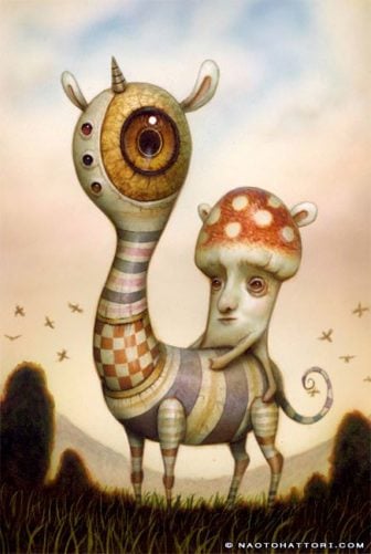 A mushroom man rides a bizarre animal in this surrealist painting by Naoto Hattori