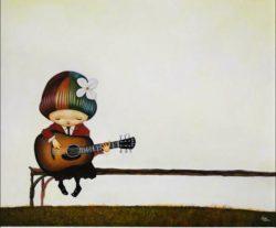 A pop surrealism painting by Yosuke Ueno of a school girl with rainbow hair playing guitar
