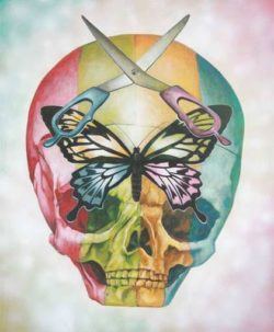 A rainbow skull wears scissors and a butterfly in this pop surrealism painting by Yosuke Ueno