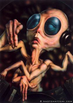 An alien DJ with four arms spins the decks in this surrealist painting by Naoto Hattori