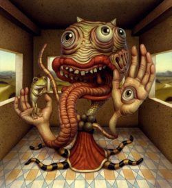 An alien poses with a frog in this humorous surrealist painting by naoto hattori