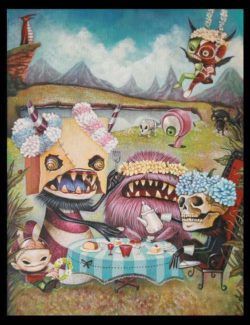 Creepy but cute pop surrealism painting by Yosuke Ueno of monsters having a tea party