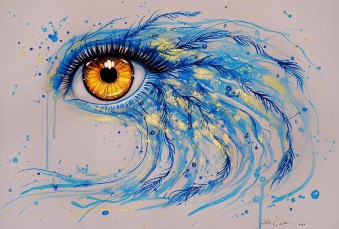 Svenja Jodicke adds bird feathers to this watercolor painting of a golden eye