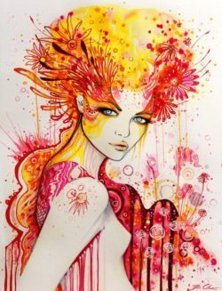 Svenja Jodicke paints a beautiful woman with red and yellow floral patterns