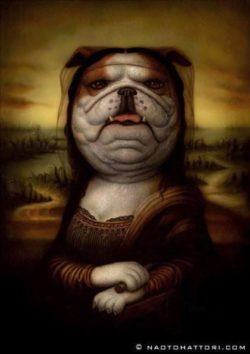 The Mona Lisa becomes a bulldog in this surrealist painting by Naoto Hattori