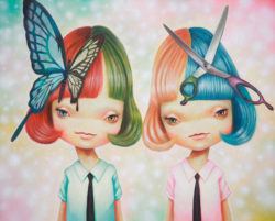 Two cartoon school girls wear a butterfly and scissors in this pop surrealism painting by Yosuke Ueno