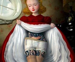 A beautiful Edwardian girl lifts her skirt to reveal tattoos in this Ray Caesar painting