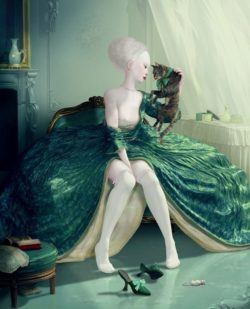 A beautiful French aristocrat holds a cat in this surrealist painting by Ray Caesar