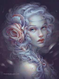 A beautiful fairy girl has flower petals for eyelashes in this Photoshop fantasy painting by Jennifer Healy
