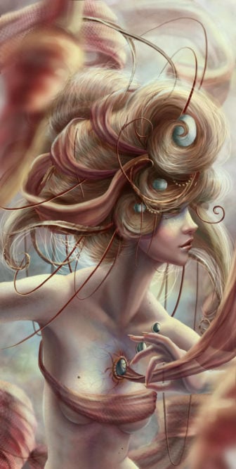 A beautiful fantasy alien woman wears pearls in her skin and hair in this digital painting by Jennifer Healy