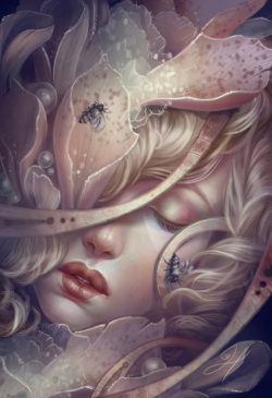 A beautiful fantasy girl sleeps in the heart of a flower surrounded by bees in this digital painting by Jennifer Healy