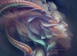 A beautiful fantasy painting by Jennifer Healy of a mermaid woman