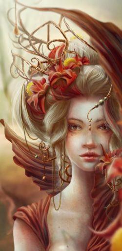 A beautiful fantasy queen wears magical jewelry in this digital painting by Jennifer Healy