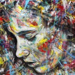 A colorful and messy graffiti portrait of a beautiful girl by street artist David Walker