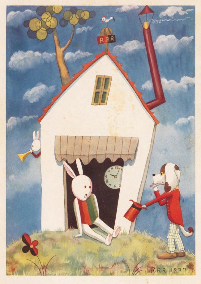 A cute antique illustration by Takeo Takei of a dog and a bunny rabbit in a house