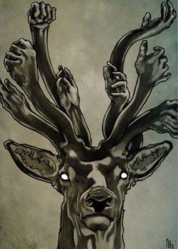 A deer wears a crown of human hands instead of antlers in this art work by Philipp Banken