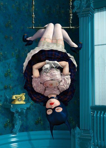 A girl in a batman mask sleeps hanging upside down in the creepy surrealist painting by Ray Caesar