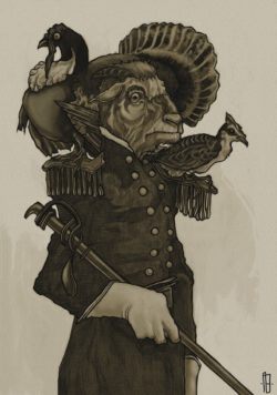 A goat poses as an army general with a turkey on his shoulder in this anthropomorphic illustration by Philipp Banken