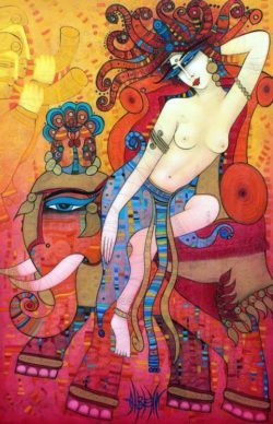 A half nude woman poses on an elephant in this colorful, iconic painting by Albena Vatcheva