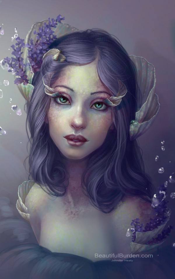 A mermaid with fish fins for eyelashes seduces the viewer in this Photoshop fantasy painting by Jennifer Healy