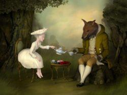 A pale and beautiful girl serves tea to a dog headed man in this surrealist painting by Ray Caesar