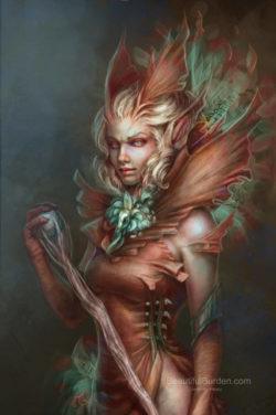 A sexy forest warrior mage casts a spell in this digital fantasy painting by Jennifer Healy