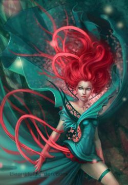 A sexy redhead fantasy girl poses with flowing cloth in this magical fantasy painting by Jennifer Healy