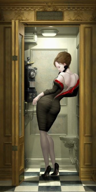 A sexy woman poses in a phone booth in this creepy painting by Ray Caesar
