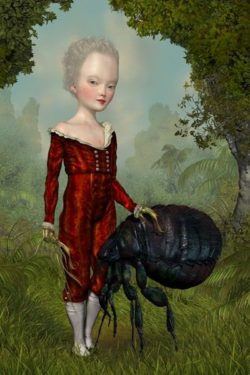 A strange surrealist painting by Ray Caesar shows a pale girl with her pet flea