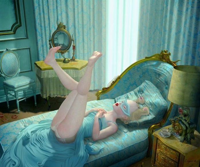 A young girl in an antique dressing room admires her nails in this creepy surrealist painting by Ray Caesar