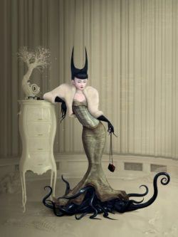 An Asian woman with tentacle feet stands beside a cherry blossom bonsai in this surreal painting by Ray Caesar