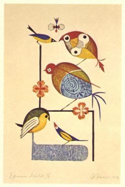 Birds frolic in this stunning illustration by Japanese master artist Takeo Takei