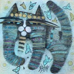 French artist Albena Vatcheva paints an iconic, stylized cat in blue oil paint