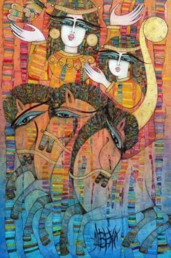 Horses and maidens frolick in this colorful iconic painting by Albena Vatcheva