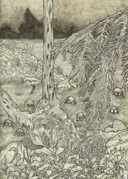 Philipp Banken creates illustrated textures in this drawing of boogie monsters in a bog