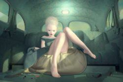 Ray Caesar merges time periods in this surrealist painting of a pale girl in a car
