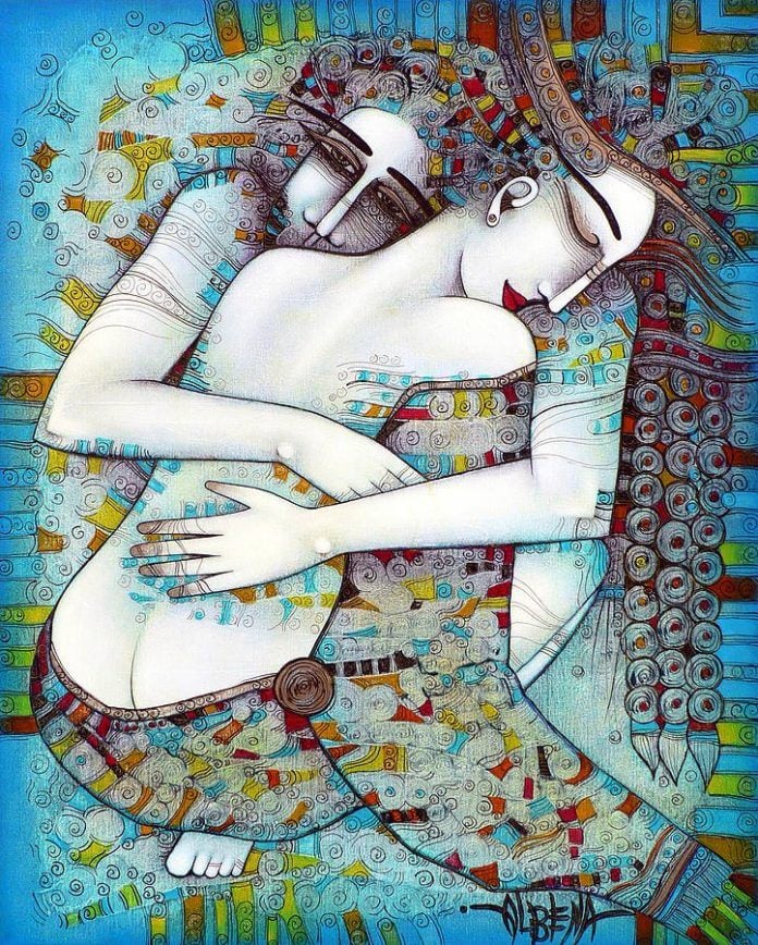 Two lovers embrace in this beautiful oil painting by Albena Vatcheva that celebrates love and relationships