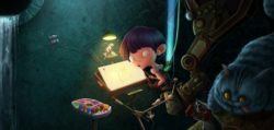 A boy sits at an art table while the cheshire cat looks on hungrily in this funny Photoshop painting by Jia Xing Yap