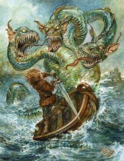 A brave sailor fights a three headed monster in this fantasy illustration by Omar Rayyan