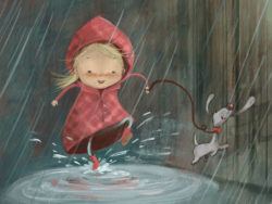 A cute illustration by Susan Batori of a girl and her dog splashing in puddles on a rainy day