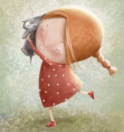 A cute little girl cuddles a kitten in this sweet childrens book illustration by Susan Batori