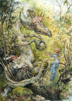 A dragon serves a fairy princess tea in this fantasy childrens book illustration by Omar Rayyan